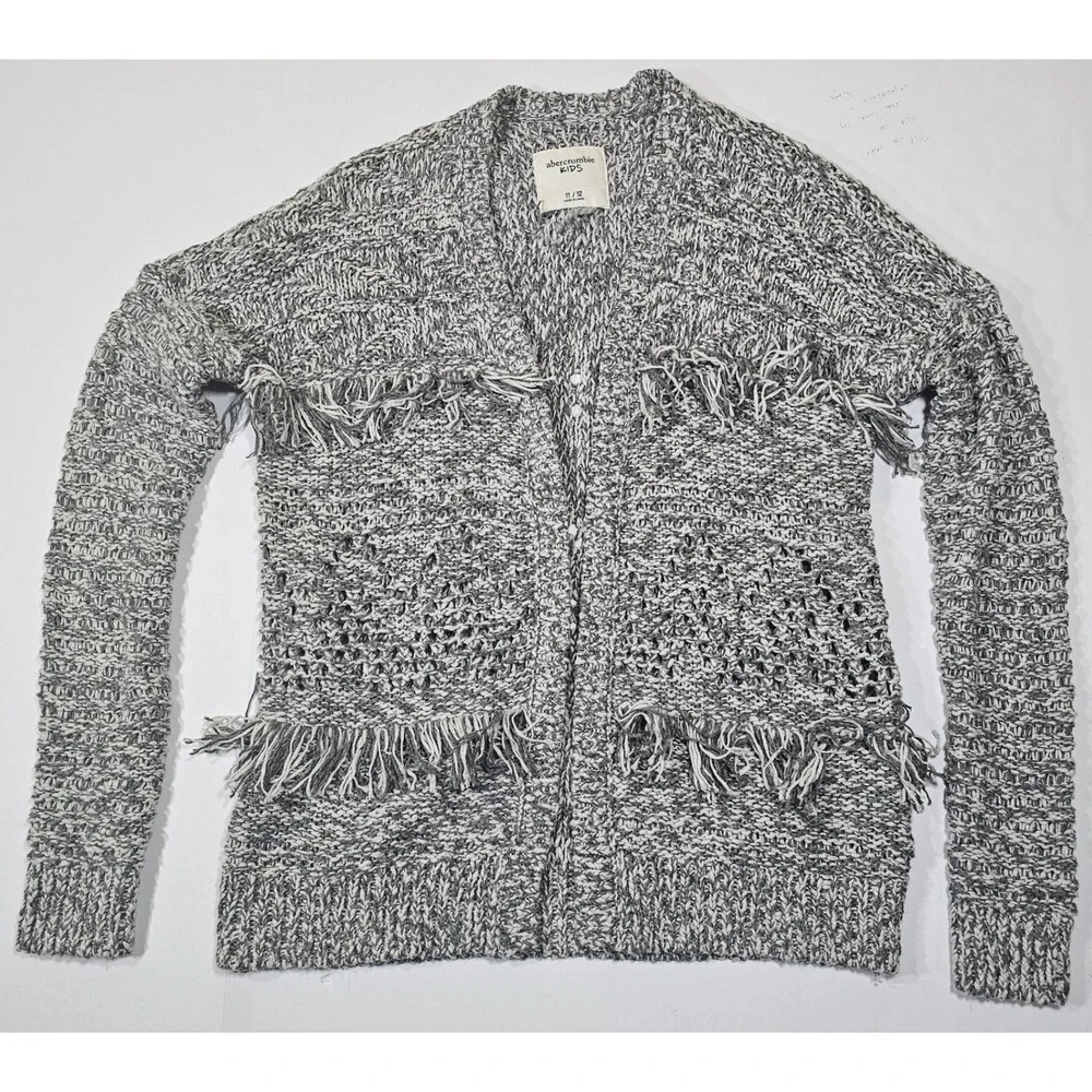 Abercrombie Kids Girls Grey Marled Fringe Pointelle Open Front Cardigan Sz 11/12